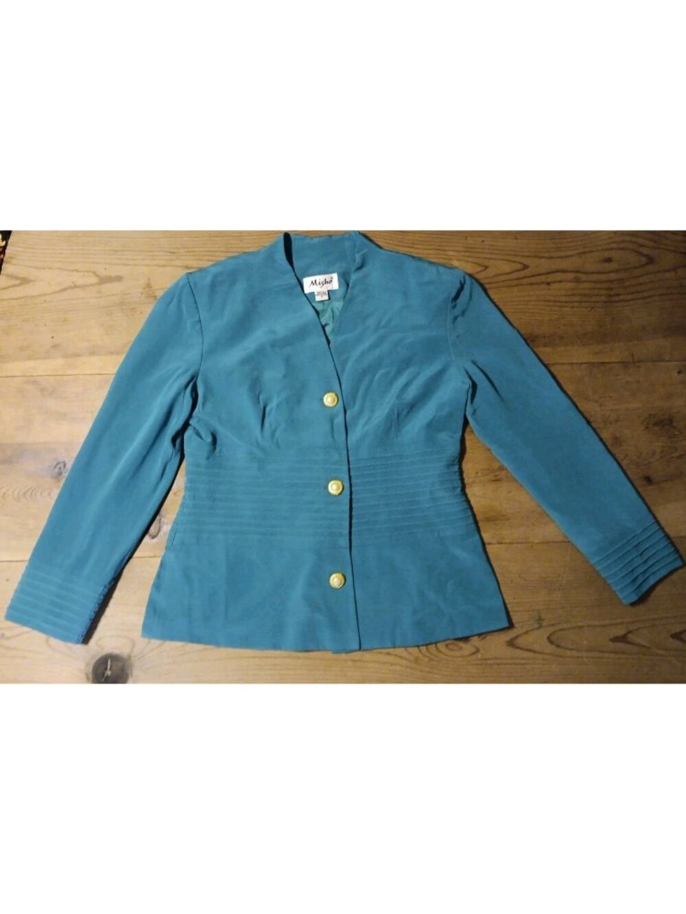 VTG Misho Womens 8 Jacket 100% Silk Turquoise Blue Gold Buttons Fitted Chic